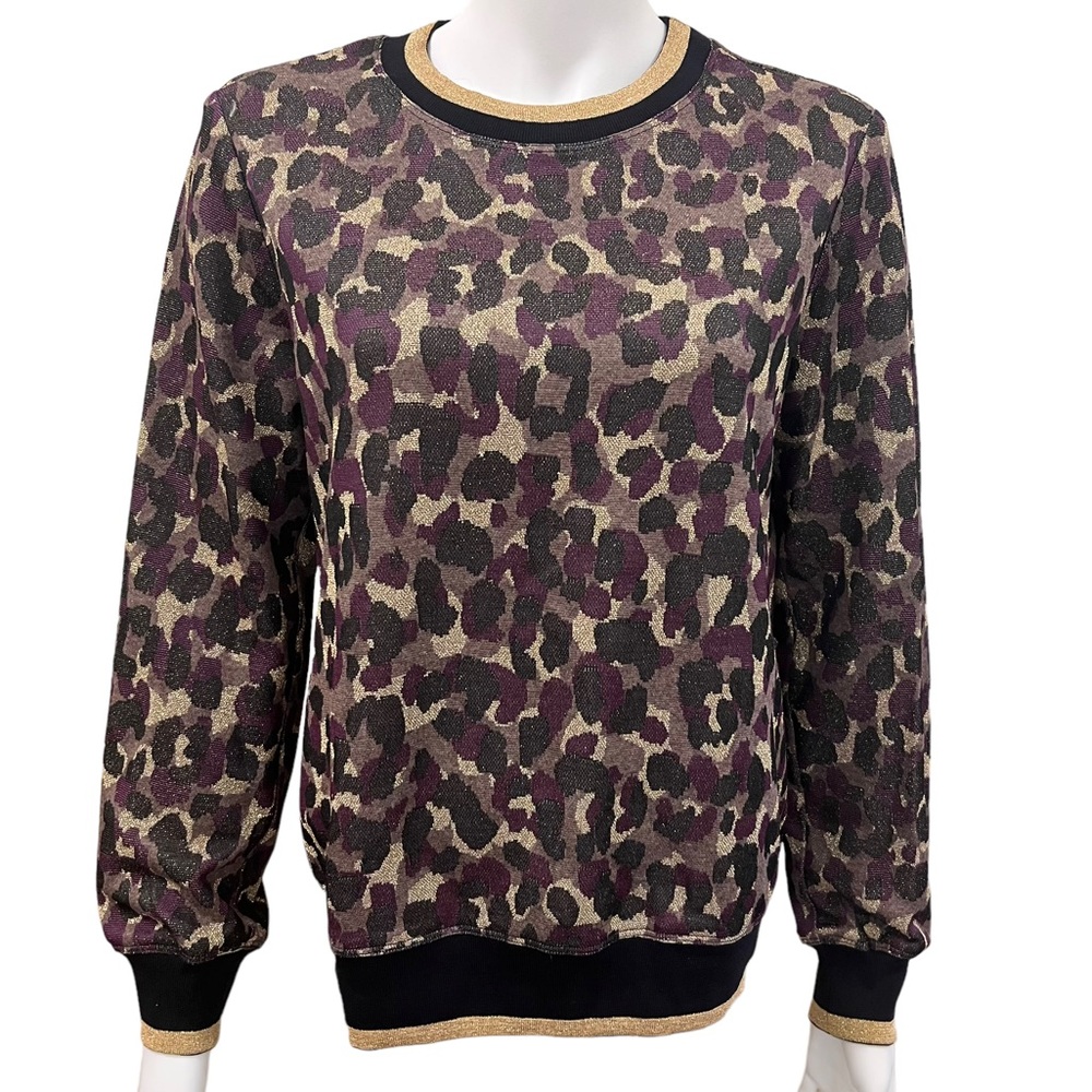 Trina Turk Purple and Gold Metallic Leopard Print Crewneck Sweater | Size Small